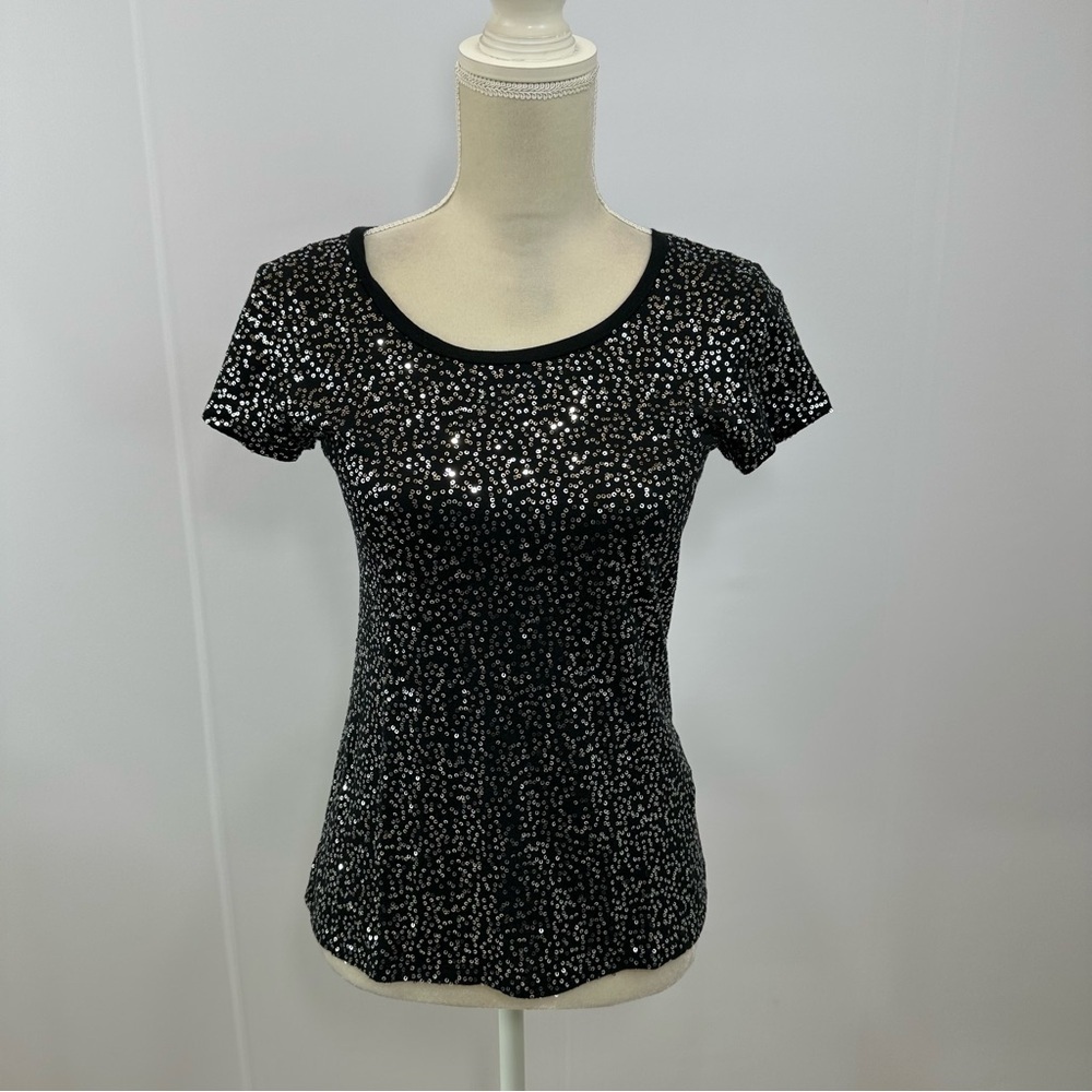 Calvin Klein Black Silver Sequins T-Shirt Women’s Small Cap Sleeve Cotton